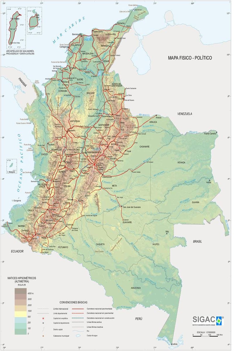 Colombia Physical-Political Map Decorative Painting (paper and canvas) art poster printing print