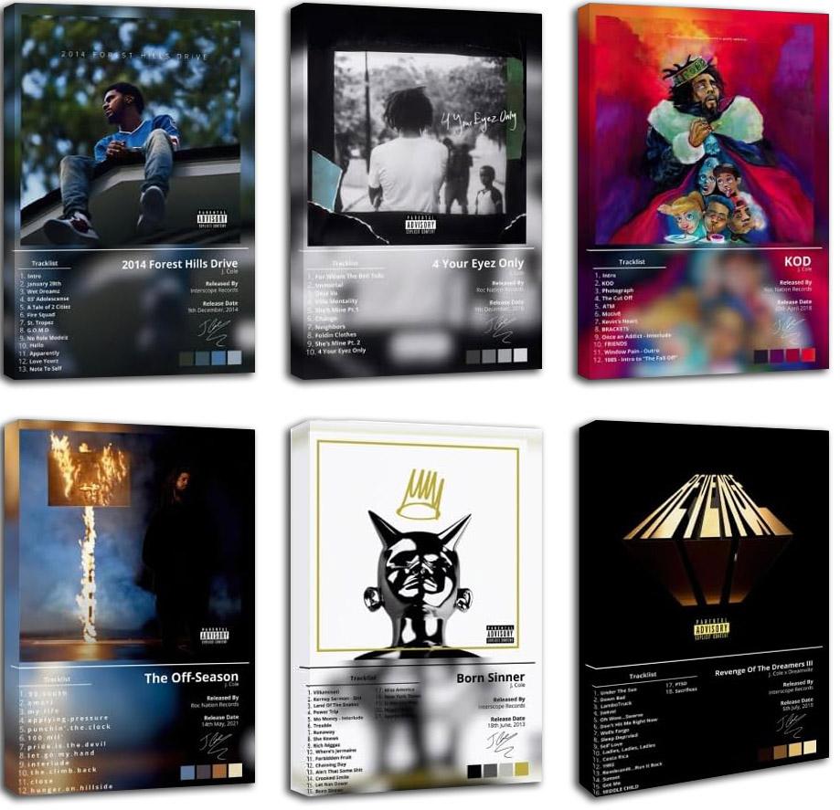 J Cole Music Cover Signed Print Rapper Posters Set of 6 for Living (paper and canvas) art poster printing print