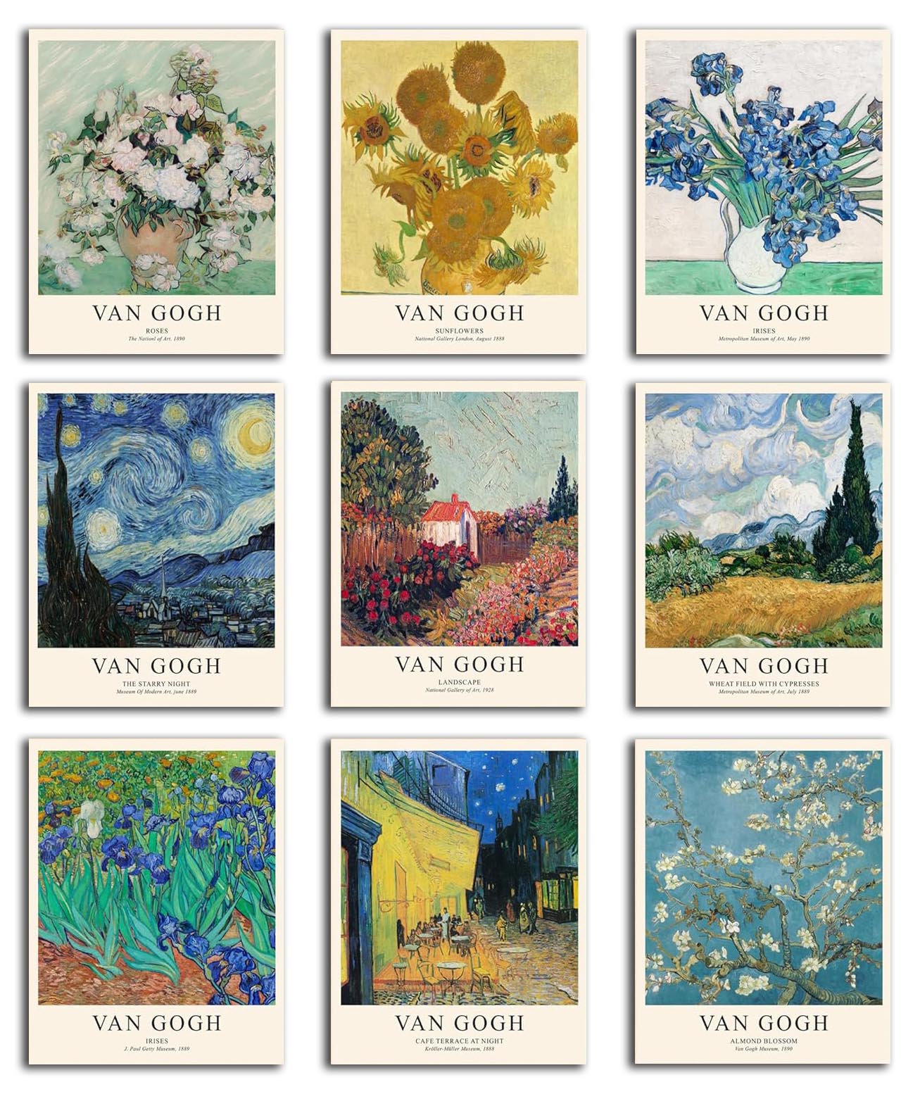 Van Gogh Wall Art Prints: Vintage Van Gogh Sunflowers Starry Night Retro Decoration (Paper and Canvas) Art Poster Printing Print