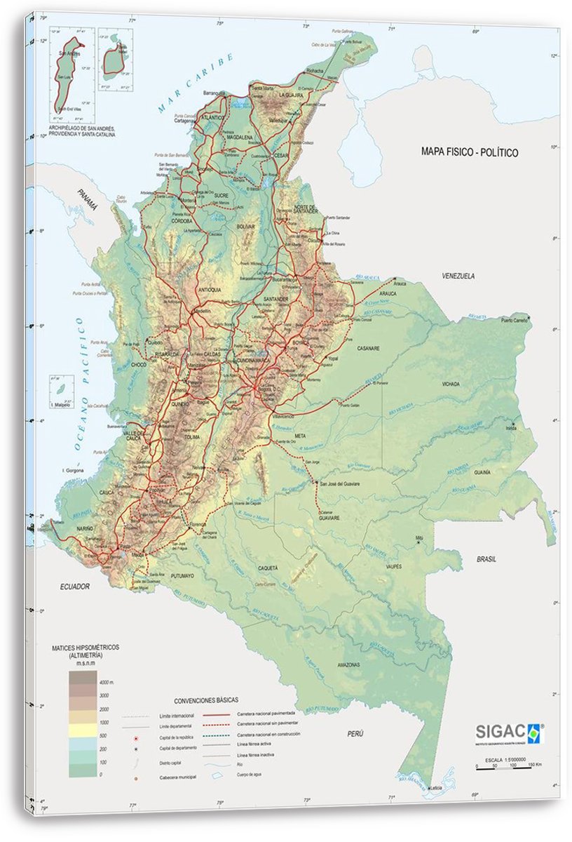 Colombia Physical-Political Map Decorative Painting (paper and canvas) art poster printing print